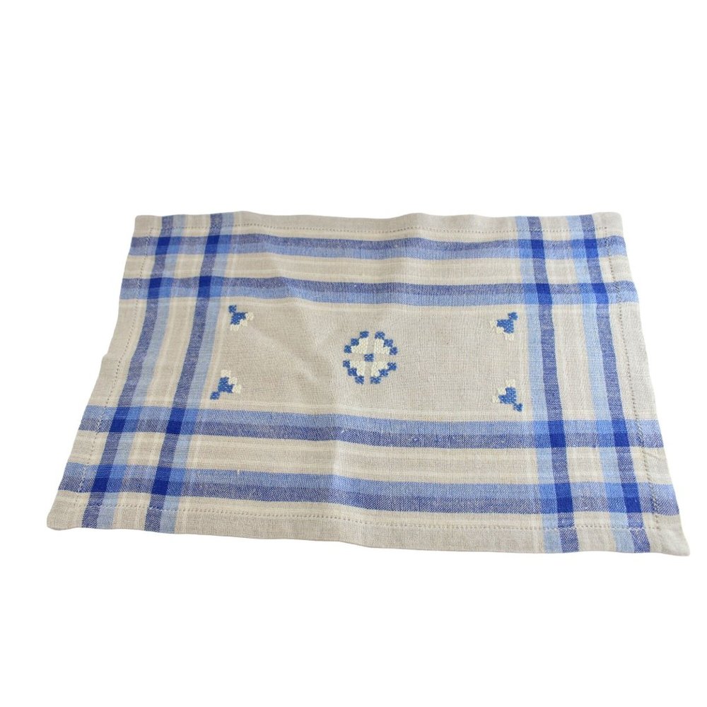 8 Vintage Blue Plaid Linen Placemat Set Embroidery Embroidered 66965